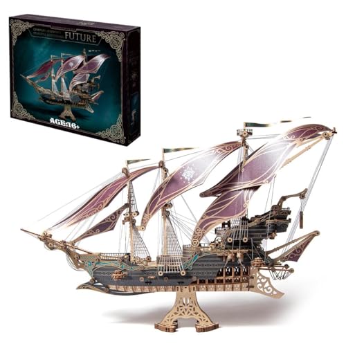 Palapozzy 3D Holzpuzzle Steampunk Piratenschiff Modellbausatz, Handgefertigtes Set aus Holzornament, kreative Weihnachts- und Geburtstagsgeschenke für Erwachsene (Lila) von Palapozzy