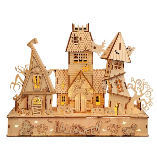 Palapozzy Holz 3D Puzzles für Erwachsene, Halloween Haus 3 in 1 DIY 3D Holzpuzzle Modell mit LED-Licht für Erwachsene (Kit Version/147PCS) von Palapozzy