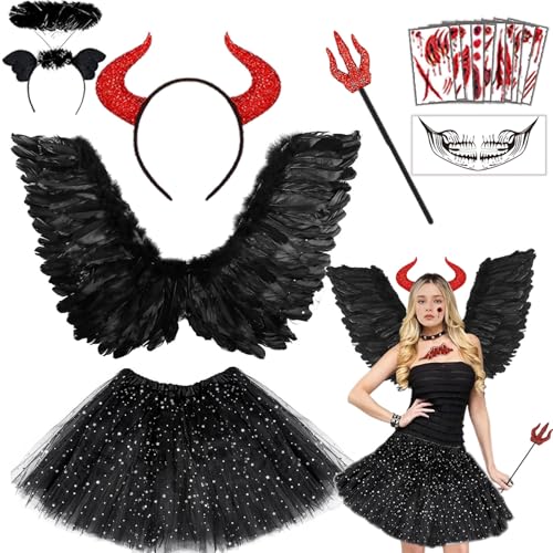 Pamerner Teufel Kostüm Damen Mädchen - Engelsflügel Schwarz Set - mit Heiligenschein, Teufelshörner, Teufelsgabel, TüllRock, Tattoo Aufkleber, Engel kostüm für Karneval Fasching Halloween (73 * 50cm) Pamerner Teufel Kostüm Damen Mädchen - Engelsflügel Schwarz Set - mit Heiligenschein, Teufelshörner, Teufelsgabel, TüllRock, Tattoo Aufkleber, Engel kostüm für Karneval Fasching Halloween (73 * 50cm) von Pamerner