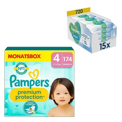 Pampers Premium Protection, Gr. 4 Maxi, 9-14kg, Monatsbox (1x 174 Windeln) und Feuchttücher Aqua 720 Tücher (15 x 48 Stk) von Pampers