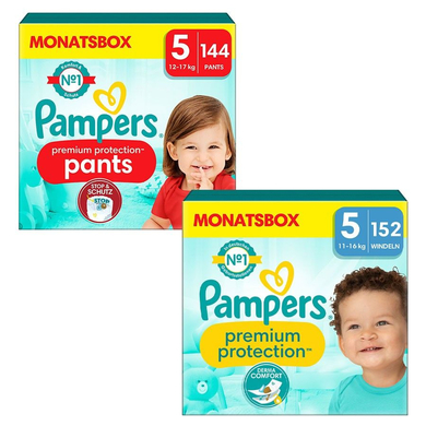 Pampers Windel-Set Premium Protection Pants, Gr. 5, 12-17kg (144 Windeln) und Premium Protection Windeln, Gr. 5 Junior, 11-16kg (152 Windeln) von Pampers