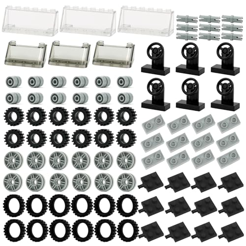 Classic Achsen mit Rädern- 102 Stück-Bausteine Räder, Windschutzscheiben und Lenkräder Klein, Ideal Teile für Fahrzeugkonstruktionen, Geschenk für Kinder, Jungs und Mädchen von Pamvava