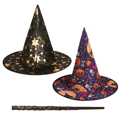 2 StkHalloween Hexenhut Kostüm Zubehör, Halloween Hexen Deko Hexenhut Hexenumhang, Halloween Partyhüte Hexenhüte Kopfschmuck Zaubererhut Damen Herren für Party Hüte Zauberer Huts + 1 Zauberstab von PanBeiQi
