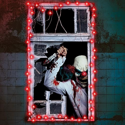 Panelee Halloween Gruseliger Clown Fensterabdeckung Halloween Clown Vorhang Türabdeckung Hintergrund Gruselige Wohnkultur Gruseliger Clown Dekor Joker Clown Halloween Banner mit LED-Lichtern für von Panelee