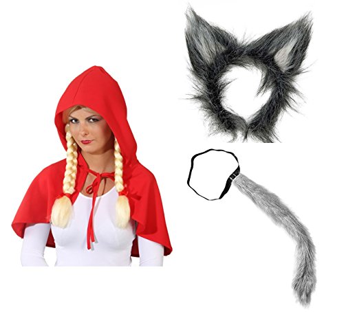 Panelize® - Rotkäppchen rotes Cape Umhang und der böse Wolf-Set mit Haarreif und Schwanz von Panelize