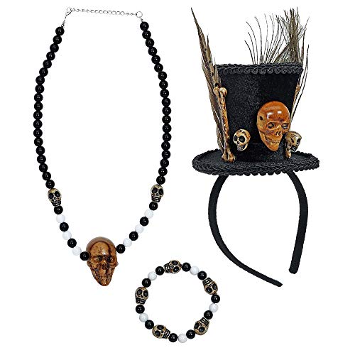 Widmann - Verkleidungsset Voodoo Priesterin, Minizylinder, Perlenkette mit Totenkopf, Totenkopfarmband mit Perlen, Karneval, Mottoparty, Halloween von WIDMANN