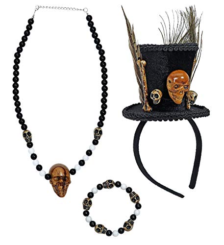 Widmann - Verkleidungsset Voodoo Priesterin, Minizylinder, Perlenkette mit Totenkopf, Totenkopfarmband mit Perlen, Karneval, Mottoparty, Halloween von WIDMANN