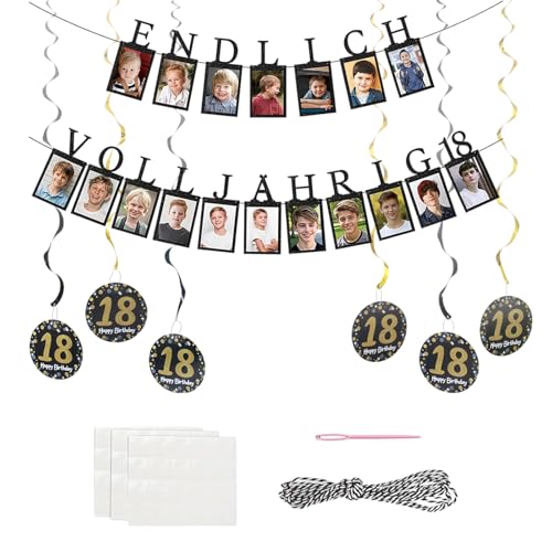 2er Set 18. Geburtstag Junge Deko, Girlande Geburtstag mit 18 Fahnen und Spiralanhänger, Schwarz-Gold Erwachsenwerden Dekoration für Foto-Hintergrund und Partyraum von PangWuu