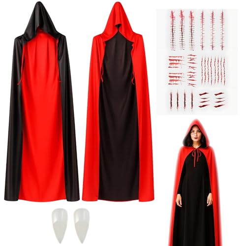 Halloween Vampir Kostüm Kinder – Satin Umhang mit Kapuze 150 cm + Vampirzähne & Narben-Tattoo – Doppelseitig für Jungen & Mädchen von PangWuu