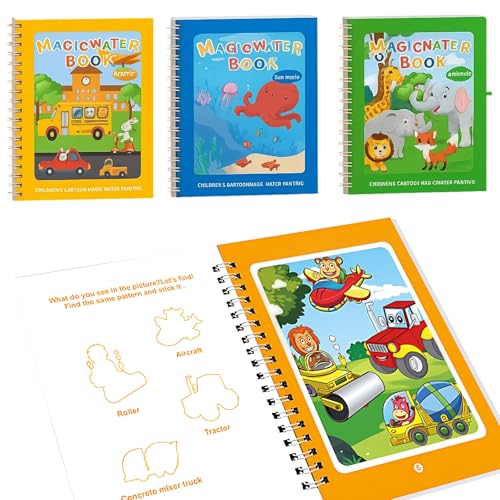 PangWuu 3 Stück Wassermalbuch Set, Water Coloring Book Malbuch mit Wasserstift Wasserzauber Malbuch Für Kinder ab 3 Jahren, Ideal für Reisen und Lernen, Wiederholbare Aktivität von PangWuu