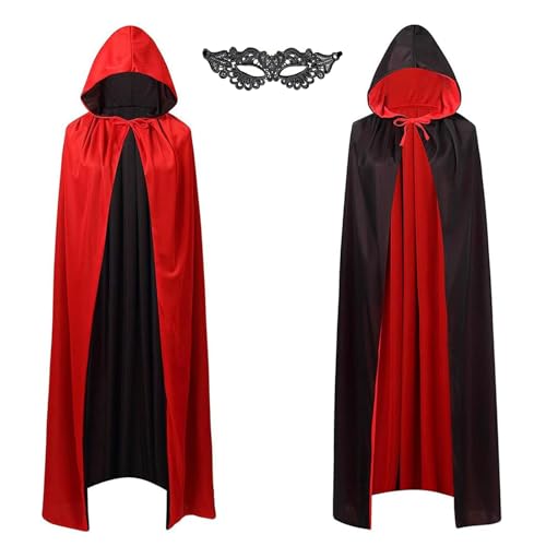 PangWuu Halloween Vampir Kostüm, Masquerade Mask for Women Venetian Lace Eye Masks, Kapuzenumhang Schwarz Rot, 140CM Doppelseitig Vampir Umhang, Für Halloween Kostüm von PangWuu