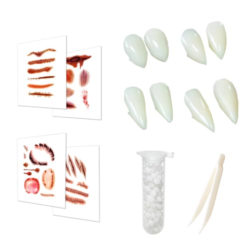 Vampir Zähne, 10 Stück Halloween Vampire Teeth Set mit 4 Größen, 4 Wunden Tattoos und Kleber, Ideal für Kostüme und Gruselpartys Vampir Zähne, 10 Stück Halloween Vampire Teeth Set mit 4 Größen, 4 Wunden Tattoos und Kleber, Ideal für Kostüme und Gruselpartys von PangWuu