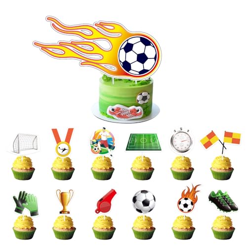 Pangogogo 25-teilige Fußball-Kuchen-Deko aus Papier – Tortendeko Fußball Set mit 1 großer Fackel-Fußball-Stecker & 24 Cupcake-Dekorationen für Kindergeburtstag & Fußballparty von Pangogogo