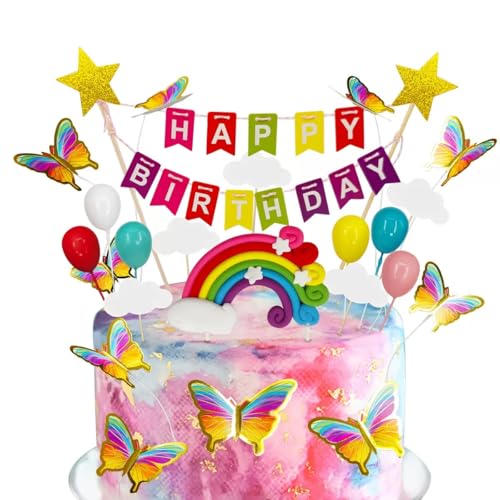 Pangogogo 23-tlg. Kuchen Topper Set "Happy Birthday" - Tortendeko Geburtstag mit Ballons, Regenbogen & Schmetterlingen - Kuchendeko für Kindergeburtstage (Mädchen/Junge) von Pangogogo