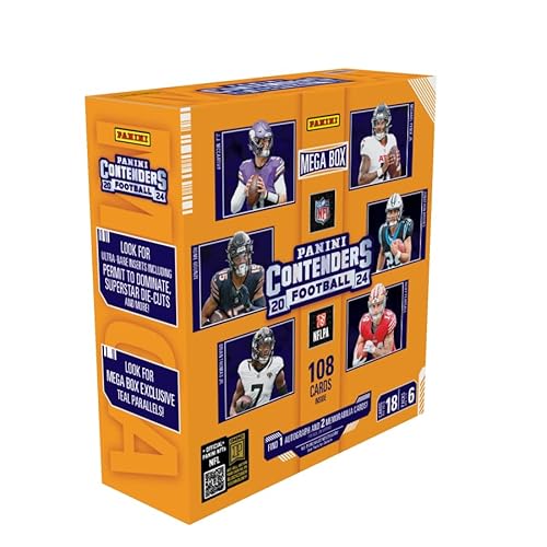 2024–25 Panini Contenders NFL-Fußball-Mega-Box, offizielle Sammelkarten, Autogramme, Parallelen und Einsätze, versiegelte Einzelhandelsbox von Panini