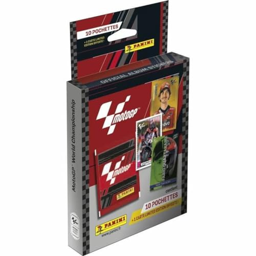 Panini 004616KBF10 Cars Moto GP 2023 Aufkleber Blister 10 Hüllen + 1 Karte Limited Edition, Buchstabendruck von Panini