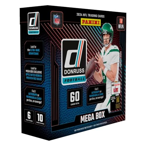 2024-25 Panini Donruss Fußball Mega-Box, NFL-Sammelkarten, exklusiv für den Einzelhandel, 60 Karten, bewertete Rookies, Autogramm oder Erinnerungsstückskarte von Panini
