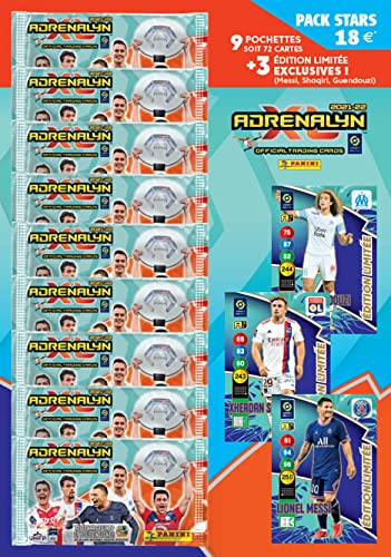 Panini 004191SPAFGD9 TCG Adrenalyn XL 2021-2022 Pack 9 Hüllen + 2 Spezialkarten Messi, SHAQIRI und Guendouzi von Panini