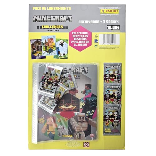 Panini Minecraft Challenges Tranding Cards Launchpack, inklusive Ordner, 3 Umschläge mit 24 Sammelkarten für Jungen und Mädchen, Sammelkarten, Geburtstagsgeschenk von Panini
