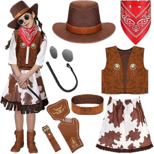 Panitay 11-teiliges Cowgirl-Kostüm-Set mit Hut, Weste, Bandana, Kleid, Sonnenbrille, für Kinder, Halloween-Party, Cosplay-Zubehör (6-7 Jahre) von Panitay