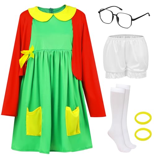 Panitay 7-teiliges Halloween-Kostüm-Outfit für Damen, grünes Kleid, rote Strickjacke, Shorts, Brille, Socken, Haargummi für Cosplay, Größe XL Panitay 7-teiliges Halloween-Kostüm-Outfit für Damen, grünes Kleid, rote Strickjacke, Shorts, Brille, Socken, Haargummi für Cosplay, Größe XL von Panitay