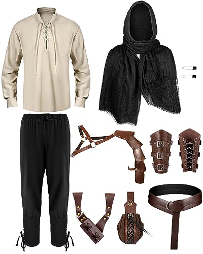 Panitay 8-teiliges Halloween-Kostüm-Set für Herren, Renaissance, mittelalterliches Wikinger-Shirt, Hose, Gürtel, Umhang, Schwerttasche (groß, klassische Farbe) von Panitay