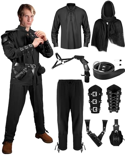 Panitay 8-teiliges Halloween-Kostüm-Set für Herren, Renaissance, mittelalterliches Wikinger-Shirt, Hose, Gürtel, Umhang, Schwerttasche (groß, stilvolle Farbe) von Panitay