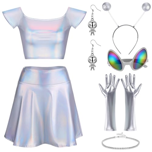 Panitay Halloween-Alien-Kostüm für Damen, holografischer Metallrock und Oberteil, Stirnband, Handschuh, Brille, Ohrringe, Halskette (gerade Schulter, S) von Panitay