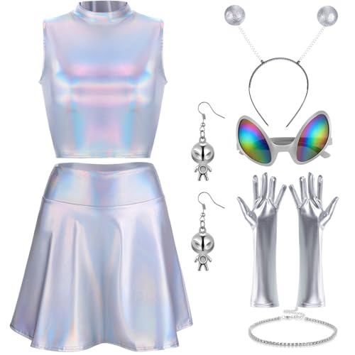 Panitay Halloween-Alien-Kostüm für Damen, holografischer Metallrock und Oberteil, Stirnband, Handschuhe, Brille, Ohrringe, Halskette, 7 Stück (ärmellos, Größe XL) von Panitay
