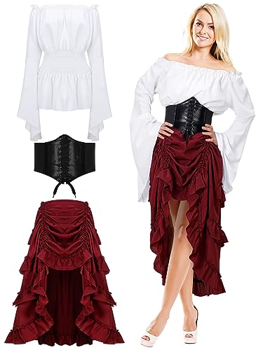 Panitay Piratenkostüm für Damen, Renaissance, Bauern-Top, Korsettgürtel, Piratenrock, Mittelalter-Halloween-Outfit, Rot, Schwarz, Weiß, L von Panitay