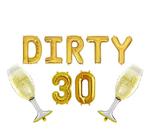 Pannu Design DIRTY 30 Folienballon Buchstaben Luftballons Dreißig Geburtstag Dekor 30. Geburtstag Dekoration (Gold Dirty 30 mit Champagnerflasche & Glas) von Pannu Design