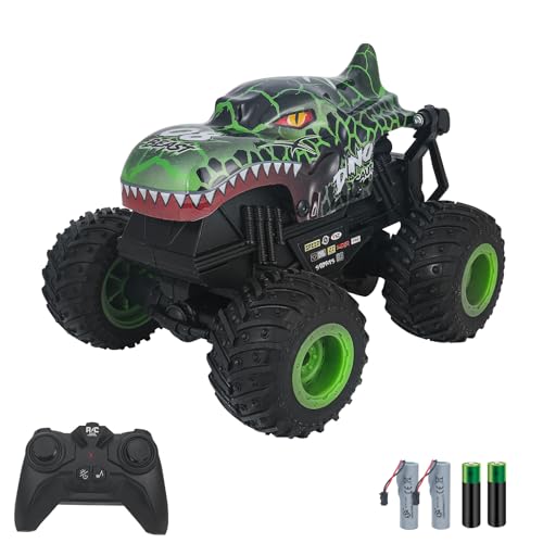 Panoleap ferngesteuertes Monstertruck – 2,4GHz RC Auto mit Licht & Musik, 360° Stunts & Tanzbewegungen, Doppel-Akkus, Offroad Spielzeug-Truck für Kinder, Jungen & Mädchen,Dinosaurier-Look,Grün von Panoleap