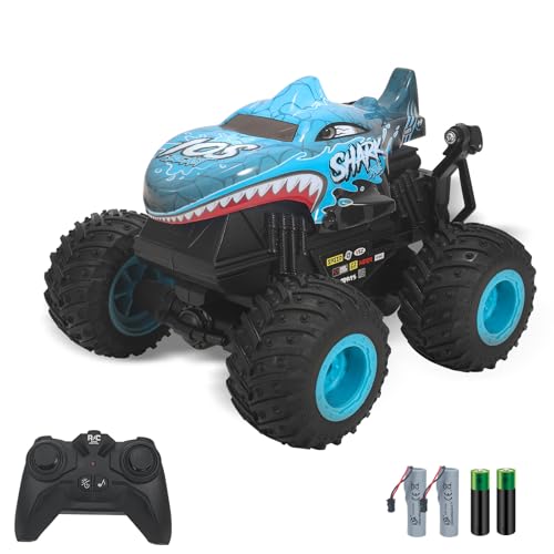 Panoleap ferngesteuertes Monstertruck – 2,4GHz RC Auto mit Licht & Musik, 360° Stunts & Tanzbewegungen, Doppel-Akkus, Offroad Spielzeug-Truck für Kinder, Jungen & Mädchen,Hai-Motiv,Blau von Panoleap