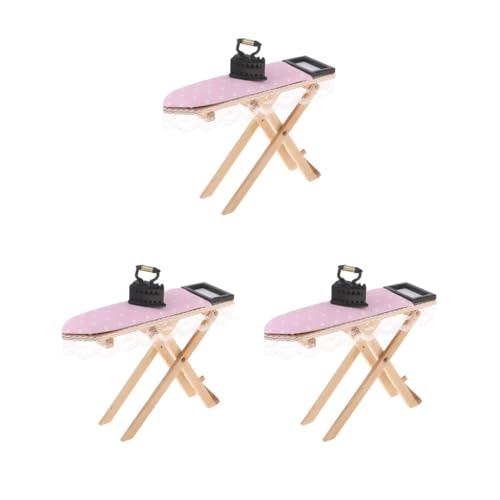 3er-Set Puppenhaus-Miniatur-Wäschemöbel, rosa Spitze, Bügelbrett mit Bügeleisen von Paowsietiviity