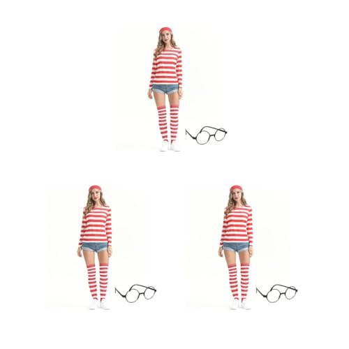 Paowsietiviity 3er Set Niedliche Eltern-Kind-Kostüme Leicht Rot Weiß Gestreiftes T-Shirt Atmungsaktiv Weiche Stricksocken Weihnachtsanzug Cosplay Kostüm XXL von Paowsietiviity