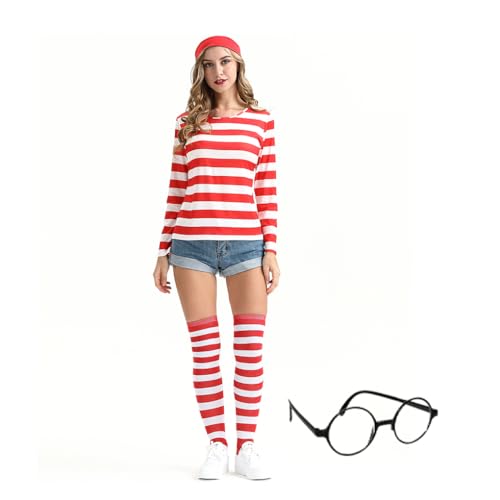 Paowsietiviity Erwachsenenkostüm-Set, rot-weiß gestreiftes T-Shirt, atmungsaktiv, hautfreundlich, weich, Stricksocken, Nerdbrille, Weihnachten, Cosplay, Outfit, Größe L von Paowsietiviity