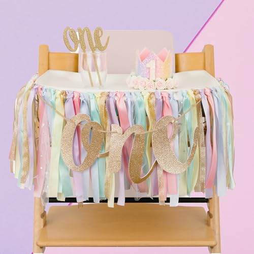 PapaKit Baby Mädchen Magic Rainbow 1.Geburtstag Hochstuhl Premium Deko Set (Kronenhut, Kuchendeko, Banner, Kranz) von PapaKit