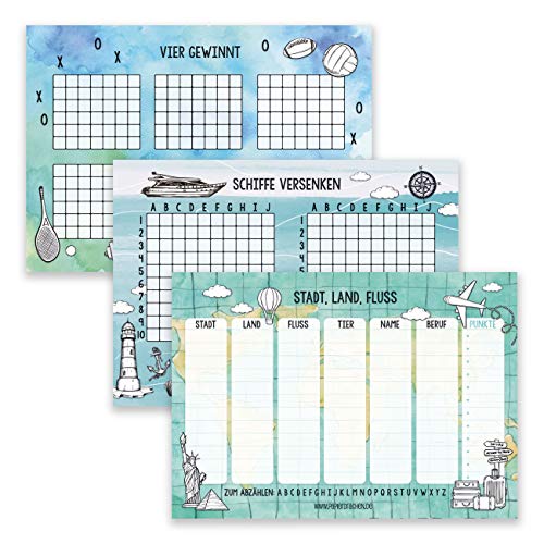 Papierdrachen 3 Spielblöcke für Kinder: Stadt Land Fluss, Schiffe versenken, Vier gewinnt - für Zug und Autofahrt - jeweils 50 Blatt auf hochwertigem Papier - Set Nummer 9 - Reisespiel - DIN A5 Papierdrachen 3 Spielblöcke für Kinder: Stadt Land Fluss, Schiffe versenken, Vier gewinnt - für Zug und Autofahrt - jeweils 50 Blatt auf hochwertigem Papier - Set Nummer 9 - Reisespiel - DIN A5 von Papierdrachen
