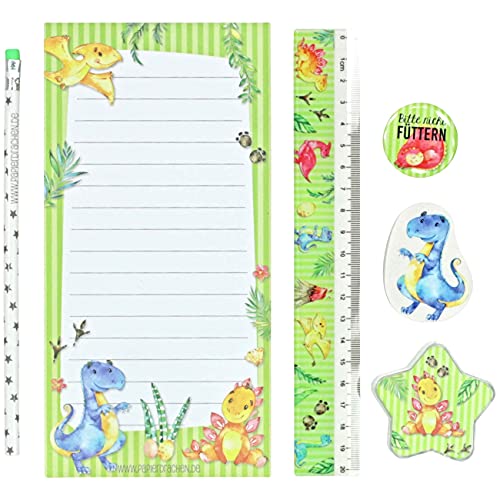 Papierdrachen 6-teiliges Schreibset für Grundschul Kinder | Dino-Motiv | mit Bleistift Spitzer Lineal Radierer Schreibblock | Geschenkidee zur Einschulung | Mitgebsel für Kindergeburtstag | Set 4 Papierdrachen 6-teiliges Schreibset für Grundschul Kinder | Dino-Motiv | mit Bleistift Spitzer Lineal Radierer Schreibblock | Geschenkidee zur Einschulung | Mitgebsel für Kindergeburtstag | Set 4 von Papierdrachen