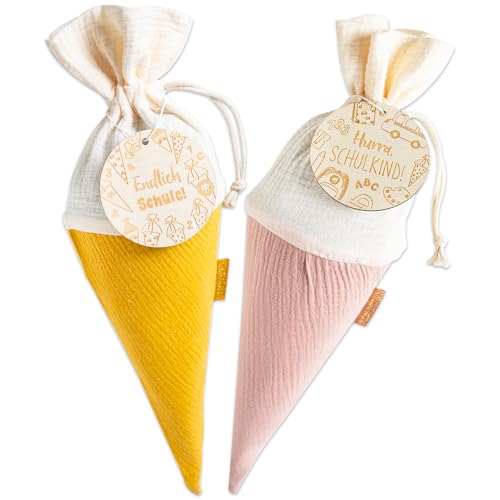 Papierdrachen 2 Schultüten aus Musselin zur Einschulung - mit tollen Holzanhängern und inklusive Namenschilder zum Ausschneiden - Gelb - Rosa - Geschwistertüte Papierdrachen 2 Schultüten aus Musselin zur Einschulung - mit tollen Holzanhängern und inklusive Namenschilder zum Ausschneiden - Gelb - Rosa - Geschwistertüte von Papierdrachen