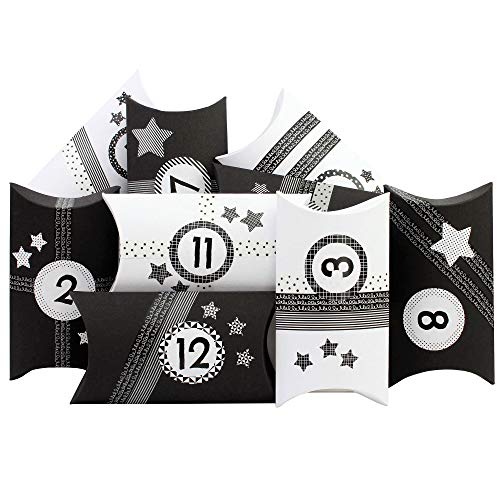 Papierdrachen 24 Adventskalender Pillowboxen - mit Washitape und schwarzweißen Zahlenaufklebern - 24 Kissenschachteln - zum individuellen Befüllen und Gestalten Papierdrachen 24 Adventskalender Pillowboxen - mit Washitape und schwarzweißen Zahlenaufklebern - 24 Kissenschachteln - zum individuellen Befüllen und Gestalten von Papierdrachen