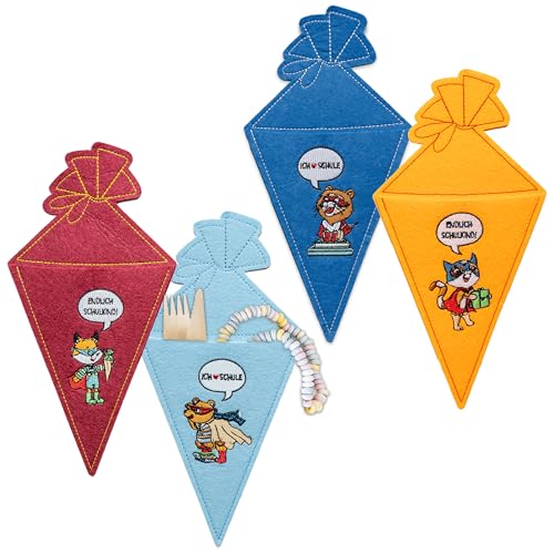 Papierdrachen 4 Schultüten aus Filz - mit toller Bestickung - Superhelden Tiere - als Besteckhalter oder Geschenkverpackung anwendbar - perfekt für den Schulstart - Set 03 Papierdrachen 4 Schultüten aus Filz - mit toller Bestickung - Superhelden Tiere - als Besteckhalter oder Geschenkverpackung anwendbar - perfekt für den Schulstart - Set 03 von Papierdrachen
