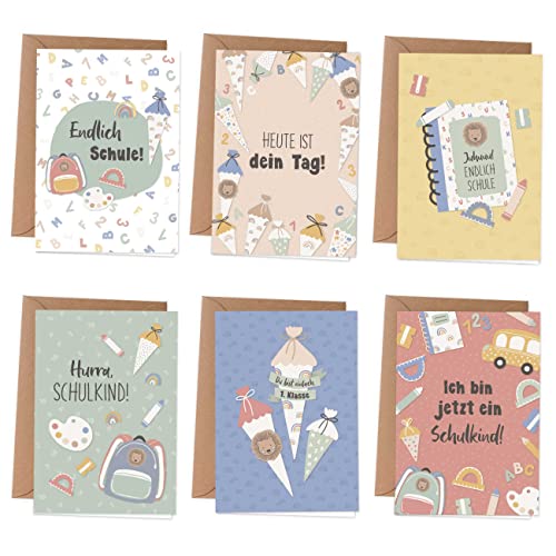 Papierdrachen 6 Grußkarten als Klappkarte inklusive Umschlag und 6 Aufkleber zur Einschulung - Grüße für das Schulkind - kindgerechte Glückwunschkarten zum Schulanfang - Pastell - Set 4 von Papierdrachen