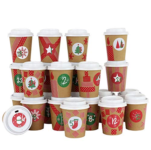 Papierdrachen DIY Adventskalender Kaffee-Becher - zum selber Basteln und Befüllen - mit rotem Washi Tape - 24 Coffee to Go Cups - Design Set 15 von Papierdrachen