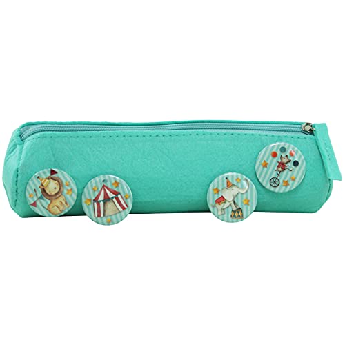 Papierdrachen Federmäppchen mit 4 Buttons für Jungen und Mädchen | Filzmäppchen in türkis mit Zirkus-Motiv Einschulung | Schulmäppchen Set Nr 3 Papierdrachen Federmäppchen mit 4 Buttons für Jungen und Mädchen | Filzmäppchen in türkis mit Zirkus-Motiv Einschulung | Schulmäppchen Set Nr 3 von Papierdrachen