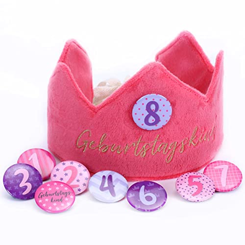 Papierdrachen Geburtstagskrone Samt mit Zahlen - Pink - für den Kindergeburtstag - Krone aus Samtstoff mit Button Zahlen von 1-8 | Party Deko Hut für Jungen & Mädchen - Set 2 von Papierdrachen