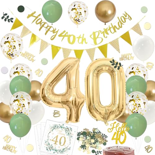 ParPix 40. Geburtstag Deko Set für Frauen und Männer - Girlande, Luftballons, Konfetti, Servietten, Folienballons in Grün Gold von ParPix