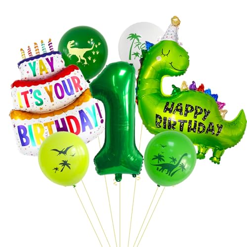 ParPix 7 Stück Grün Dino Luftballon 1 Geburtstag Junge, Dschungel Deko 1. Geburtstag Junge Mädchen,Dino Deko Kindergeburtstag 1. Geburtstags Luftballons,Dinosaurier Geburtstagsdeko 1 Jahr Folienballon von ParPix