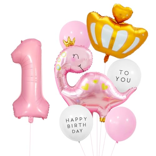 ParPix 7 Stück Rosa Dino Luftballon 1. Geburtstag Mädchen, Krone Ballon Geburtstagsdeko 1 Jahr,Dino Deko 1 Geburtstag Luftballons, Dinosaurier Folienballon 1 Geburtstags Deko,1 Jahr Geburtstags Ballon von ParPix