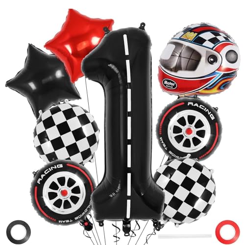 ParPix 8 Stück Rennauto Luftballon 1 Geburtstag Junge, Cars Geburtstagsdeko 1 Jahr Folienballon, Formel 1 Deko Ballon, Auto Deko 1. Geburtstag Luftballon, Rennwagen Helium Ballons, Racing Car Ballon von ParPix